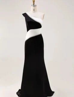 Black and White Mermaid Evening Gown Elegant Dress Wedding Formal Floor Length Sleeveless One Shoulder Stretch Crepe with Glitter Ruched