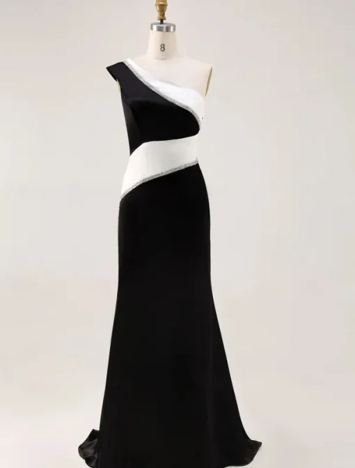 Black and White Mermaid Evening Gown Elegant Dress Wedding Formal Floor Length Sleeveless One Shoulder Stretch Crepe with Glitter Ruched