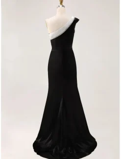 Black and White Mermaid Evening Gown Elegant Dress Wedding Formal Floor Length Sleeveless One Shoulder Stretch Crepe with Glitter Ruched