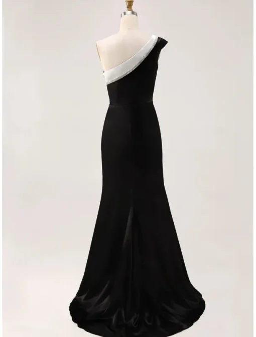 Black and White Mermaid Evening Gown Elegant Dress Wedding Formal Floor Length Sleeveless One Shoulder Stretch Crepe with Glitter Ruched