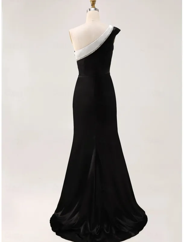 Black and White Mermaid Evening Gown Elegant Dress Wedding Formal Floor Length Sleeveless One Shoulder Stretch Crepe with Glitter Ruched