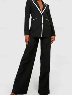 Black and White Two Piece Jumpsuit / Pantsuit Pantsuit Mother of the Bride Contrast Binding Elegant Vintage Simple Lapel Floor Length Stretch Fabric Long Sleeve with Buttons