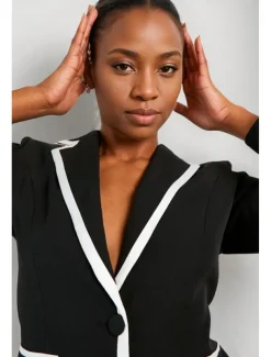 Black and White Two Piece Jumpsuit / Pantsuit Pantsuit Mother of the Bride Contrast Binding Elegant Vintage Simple Lapel Floor Length Stretch Fabric Long Sleeve with Buttons