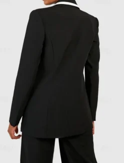 Black and White Two Piece Jumpsuit / Pantsuit Pantsuit Mother of the Bride Contrast Binding Elegant Vintage Simple Lapel Floor Length Stretch Fabric Long Sleeve with Buttons