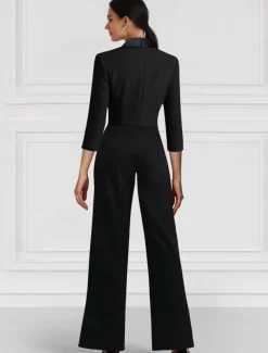 Black Blazer Jumpsuit Mother of the Bride Wedding Guest Elegant Minimalist Lapel Floor Length Stretch Fabric Long Sleeve with Buttons Solid Color