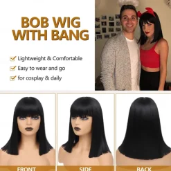 Black Bob Wig with Bangs for Women Short Straight bob Wigs with Golden Sequin Heat Resistant Synthetic Hair Bob Cut Wig Mia Wallace Cleopatra Halloweeen Cosplay Costume Wig