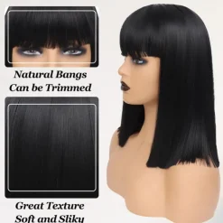 Black Bob Wig with Bangs for Women Short Straight bob Wigs with Golden Sequin Heat Resistant Synthetic Hair Bob Cut Wig Mia Wallace Cleopatra Halloweeen Cosplay Costume Wig