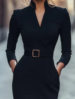 Black Column Cocktail Dresses Elegant Formal Wedding Guest Tea Length Long Sleeve Shirt Collar Belt / Sash Stretch Crepe with Slit