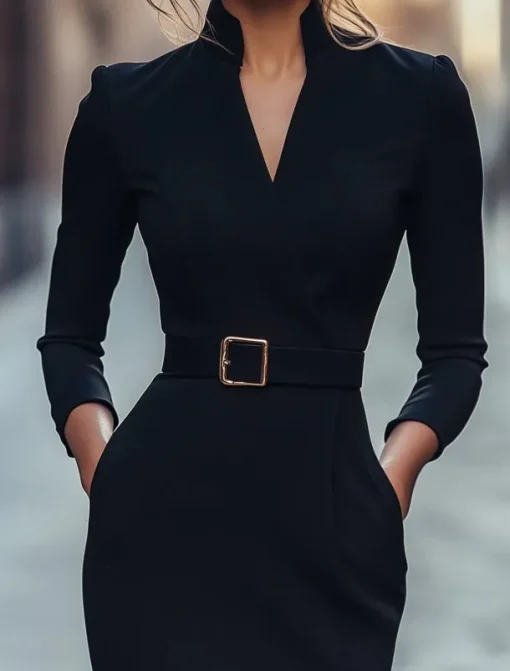 Black Column Cocktail Dresses Elegant Formal Wedding Guest Tea Length Long Sleeve Shirt Collar Belt / Sash Stretch Crepe with Slit