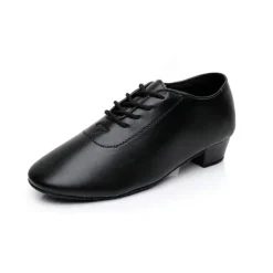 Black Faux Leather Ballroom Dance Shoes for Boys - Lace-Up Latin, Tango, Salsa, and Cha-Cha Dance Shoes with Thick Heel and Suede Sole