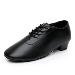 Black Faux Leather Ballroom Dance Shoes for Boys - Lace-Up Latin, Tango, Salsa, and Cha-Cha Dance Shoes with Thick Heel and Suede Sole