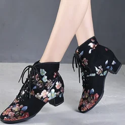 Black Floral Lace-up Dance Shoes for Women – Comfortable Low Heel, Perfect for Latin, Ballroom, and Social Dancing