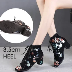 Black Floral Lace-up Dance Shoes for Women – Comfortable Low Heel, Perfect for Latin, Ballroom, and Social Dancing