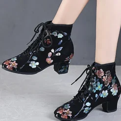 Black Floral Lace-up Dance Shoes for Women – Comfortable Low Heel, Perfect for Latin, Ballroom, and Social Dancing