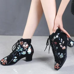Black Floral Lace-up Dance Shoes for Women – Comfortable Low Heel, Perfect for Latin, Ballroom, and Social Dancing