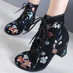 Black Floral Lace-up Dance Shoes for Women – Comfortable Low Heel, Perfect for Latin, Ballroom, and Social Dancing