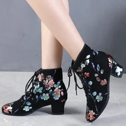 Black Floral Lace-up Dance Shoes for Women – Comfortable Low Heel, Perfect for Latin, Ballroom, and Social Dancing
