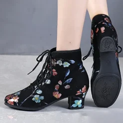 Black Floral Lace-up Dance Shoes for Women – Comfortable Low Heel, Perfect for Latin, Ballroom, and Social Dancing