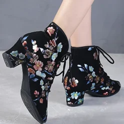 Black Floral Lace-up Dance Shoes for Women – Comfortable Low Heel, Perfect for Latin, Ballroom, and Social Dancing