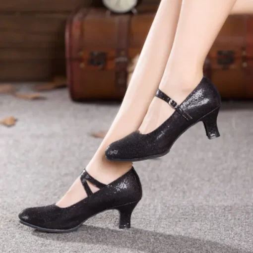 Black Glitter Dance Shoes for Women – Soft Sole with Adjustable Strap for Latin, Ballroom, and Social Dancing