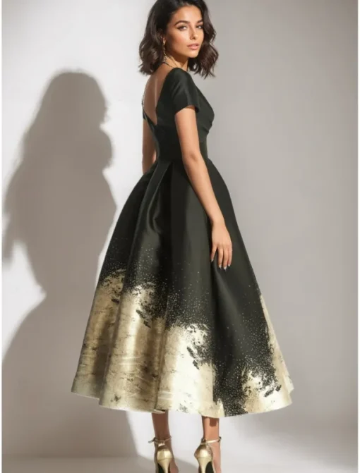 Black Gold A-Line Cocktail Gown Elegant Dress Formal Wedding Ankle Length Short Sleeve V Neck Pocket Satin with Floral Print