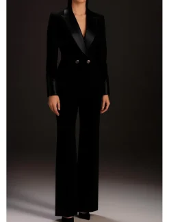 Black Gold Two Piece Pantsuit Mother of the Bride Elegant Minimalist Lapel Floor Length Stretch Fabric Long Sleeve with Solid Color 2025