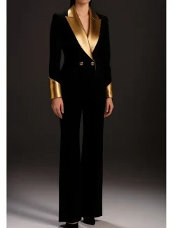 Black Gold Two Piece Pantsuit Mother of the Bride Elegant Minimalist Lapel Floor Length Stretch Fabric Long Sleeve with Solid Color 2025