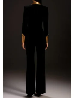 Black Gold Two Piece Pantsuit Mother of the Bride Elegant Minimalist Lapel Floor Length Stretch Fabric Long Sleeve with Solid Color 2025