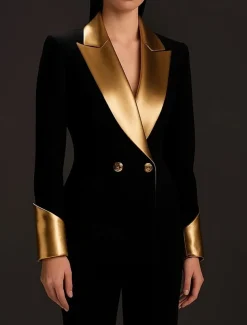 Black Gold Two Piece Pantsuit Mother of the Bride Elegant Minimalist Lapel Floor Length Stretch Fabric Long Sleeve with Solid Color 2025