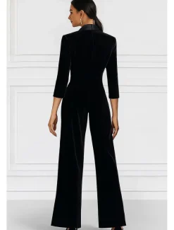 Black Jumpsuit Mother of the Bride Elegant Minimalist Lapel Floor Length Velvet Long Sleeve with Buttons Solid Color 2025