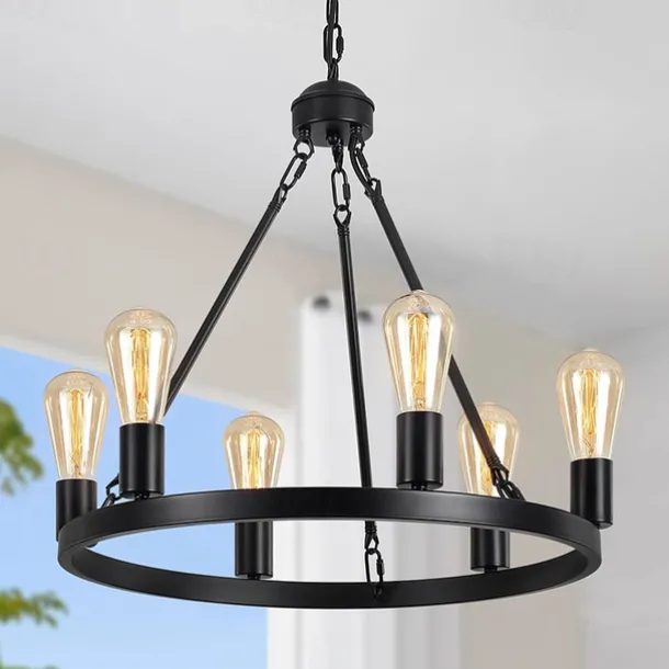 Black Matte Chandelier 6-Light Wagon Wheel Chandelier 21" Farmhouse Pendant Chandeliers Fixture Contemporary Industrial Chandelier for Living Dining Room Kitchen Island Entryway Foyer Bar 110-240V