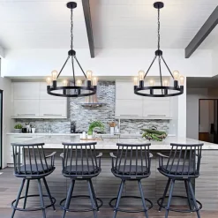 Black Matte Chandelier 6-Light Wagon Wheel Chandelier 21" Farmhouse Pendant Chandeliers Fixture Contemporary Industrial Chandelier for Living Dining Room Kitchen Island Entryway Foyer Bar 110-240V