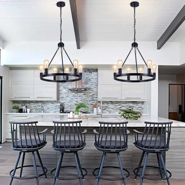 Black Matte Chandelier 6-Light Wagon Wheel Chandelier 21" Farmhouse Pendant Chandeliers Fixture Contemporary Industrial Chandelier for Living Dining Room Kitchen Island Entryway Foyer Bar 110-240V