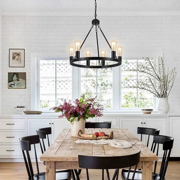 Black Matte Chandelier 6-Light Wagon Wheel Chandelier 21" Farmhouse Pendant Chandeliers Fixture Contemporary Industrial Chandelier for Living Dining Room Kitchen Island Entryway Foyer Bar 110-240V