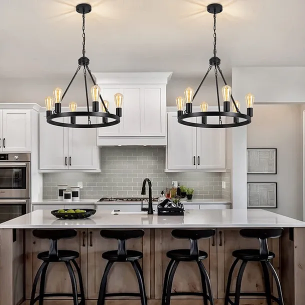 Black Matte Chandelier 6-Light Wagon Wheel Chandelier 21" Farmhouse Pendant Chandeliers Fixture Contemporary Industrial Chandelier for Living Dining Room Kitchen Island Entryway Foyer Bar 110-240V