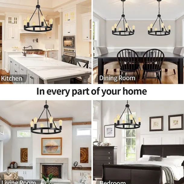 Black Matte Chandelier 6-Light Wagon Wheel Chandelier 21" Farmhouse Pendant Chandeliers Fixture Contemporary Industrial Chandelier for Living Dining Room Kitchen Island Entryway Foyer Bar 110-240V