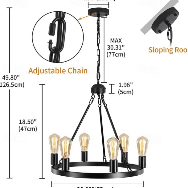 Black Matte Chandelier 6-Light Wagon Wheel Chandelier 21" Farmhouse Pendant Chandeliers Fixture Contemporary Industrial Chandelier for Living Dining Room Kitchen Island Entryway Foyer Bar 110-240V
