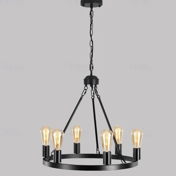 Black Matte Chandelier 6-Light Wagon Wheel Chandelier 21" Farmhouse Pendant Chandeliers Fixture Contemporary Industrial Chandelier for Living Dining Room Kitchen Island Entryway Foyer Bar 110-240V