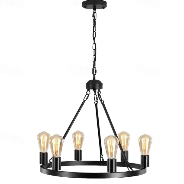 Black Matte Chandelier 6-Light Wagon Wheel Chandelier 21" Farmhouse Pendant Chandeliers Fixture Contemporary Industrial Chandelier for Living Dining Room Kitchen Island Entryway Foyer Bar 110-240V