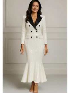 Black Sequined Blazer Dress Mermaid Evening Gown Elegant Formal Wedding Floor Length Long Sleeve Shirt Collar with Glitter