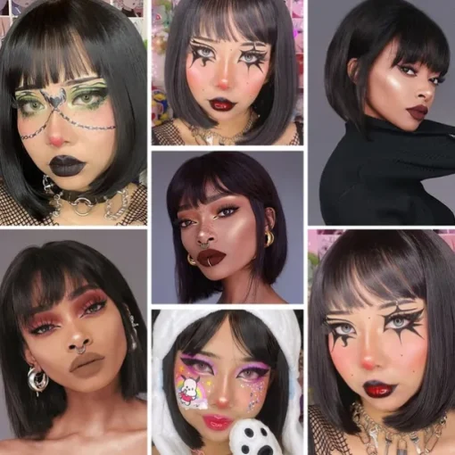 Black Short Bob WigStraight Black Bob Wig with bangs 10 inch Straight Bob Bangs Wig for Women Natural Looking for Daily Use Halloween Wigs
