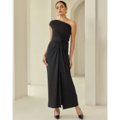 Black Sleeveless Ruched Twist Elegant Party/Evening/Wedding Guest Hem Maxi Dress dress to impress 2024