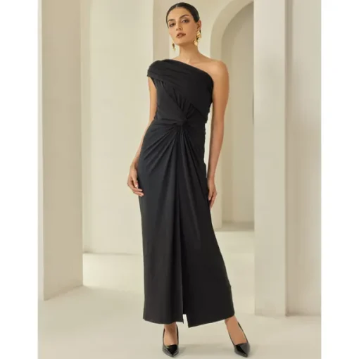 Black Sleeveless Ruched Twist Elegant Party/Evening/Wedding Guest Hem Maxi Dress dress to impress 2024