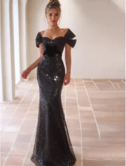 Black Tie A-Line Prom Dresses Vintage Dress Formal Floor Length Short Sleeve Square Neck Tulle with Glitter