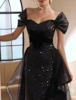 Black Tie A-Line Prom Dresses Vintage Dress Formal Floor Length Short Sleeve Square Neck Tulle with Glitter