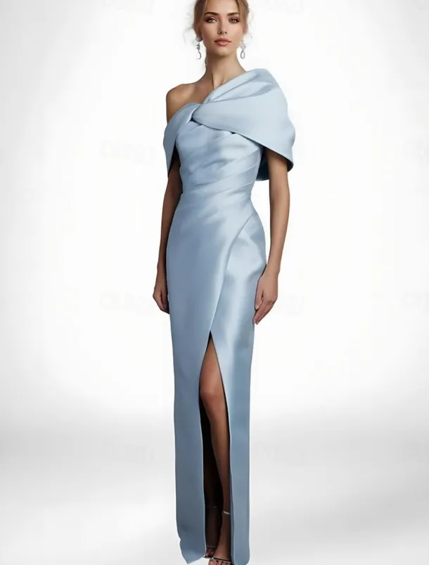 Black Tie Cape Dress Sheath / Column Evening Gown Elegant Dress Formal Wedding Floor Length Sleeveless Off Shoulder Stretch Satin with Pleats Slit