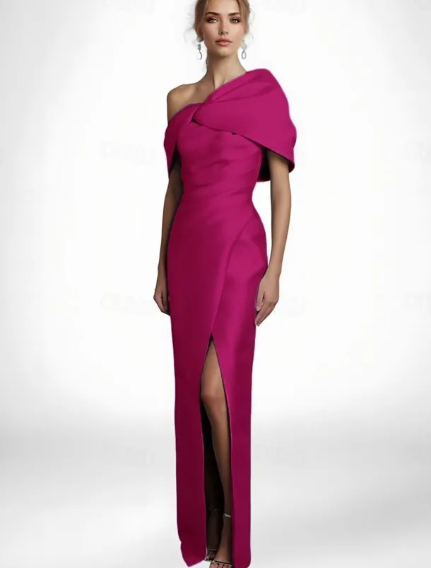 Black Tie Cape Dress Sheath / Column Evening Gown Elegant Dress Formal Wedding Floor Length Sleeveless Off Shoulder Stretch Satin with Pleats Slit