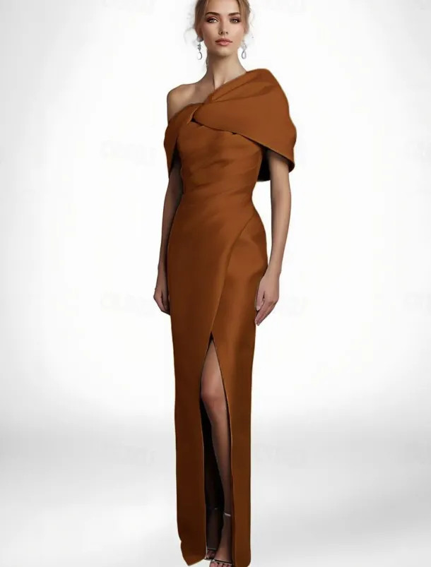 Black Tie Cape Dress Sheath / Column Evening Gown Elegant Dress Formal Wedding Floor Length Sleeveless Off Shoulder Stretch Satin with Pleats Slit