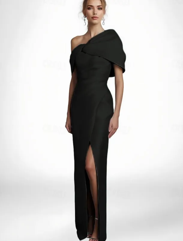 Black Tie Cape Dress Sheath / Column Evening Gown Elegant Dress Formal Wedding Floor Length Sleeveless Off Shoulder Stretch Satin with Pleats Slit