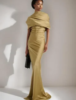 Black Tie Gold Evening Gown Mermaid / Trumpet Cape Dresses Elegant Dress Formal Wedding Floor Length Sleeveless Mock Neck Satin with Pleats